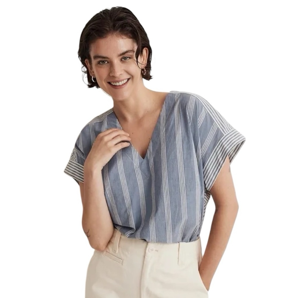 Madewell Blue and White Striped V-Neck Loose Boxy Fit Blouse Sailor Chic Preppy